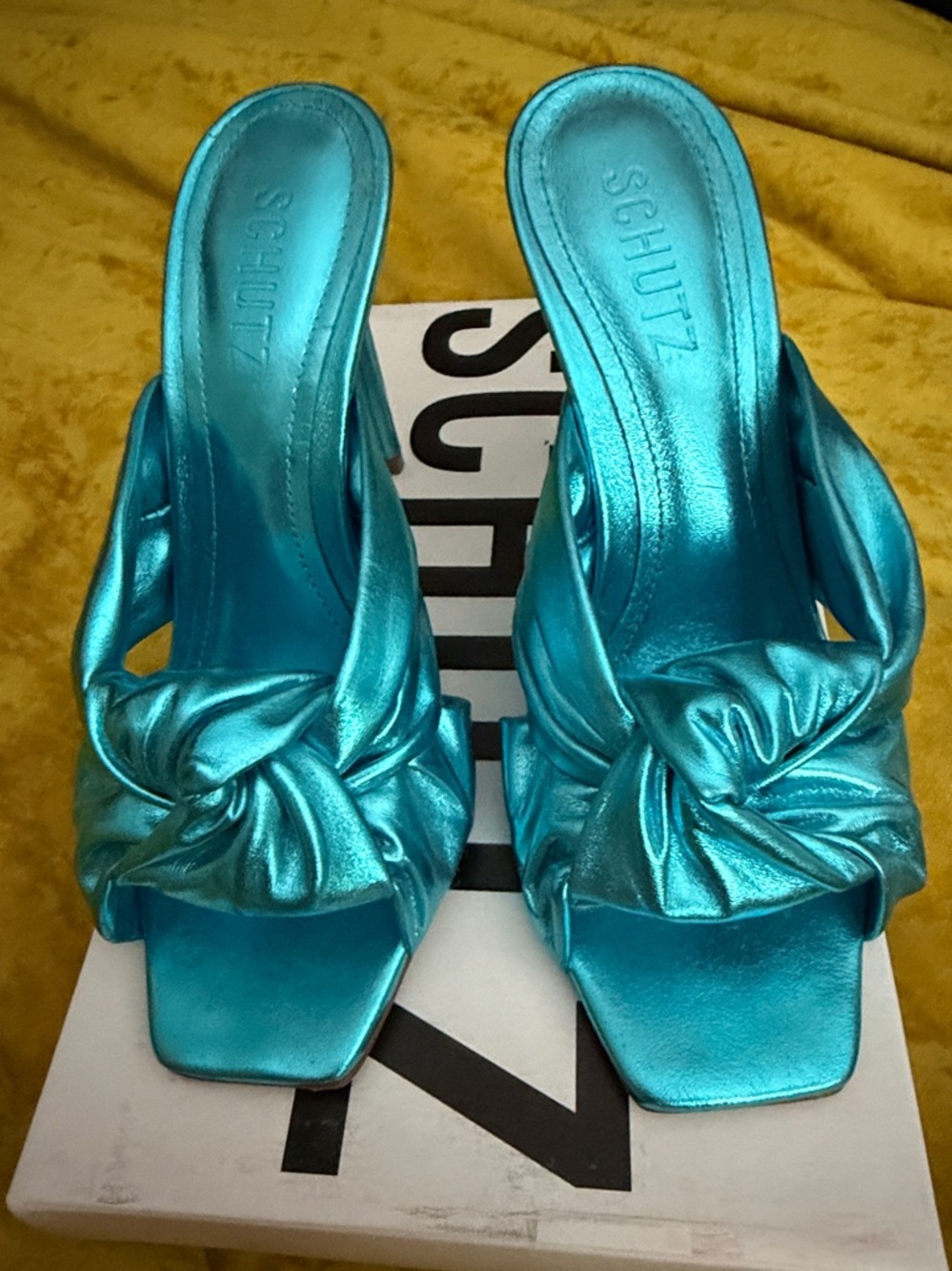 SCHUTZ Metallic Teal Knot Mules